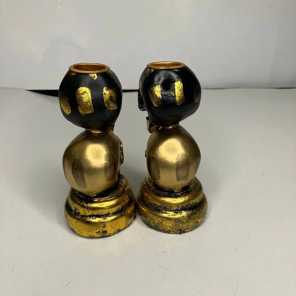 2 Skeleton Halloween Gold Resin Candle Stick Holders 5”